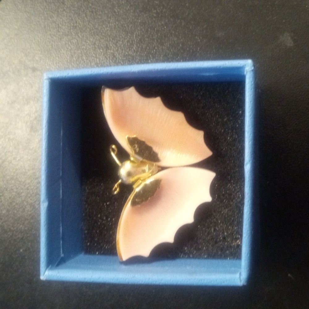 Vintage Butterfly Brooch, Pink Carved Shells, Gold Tone Trim